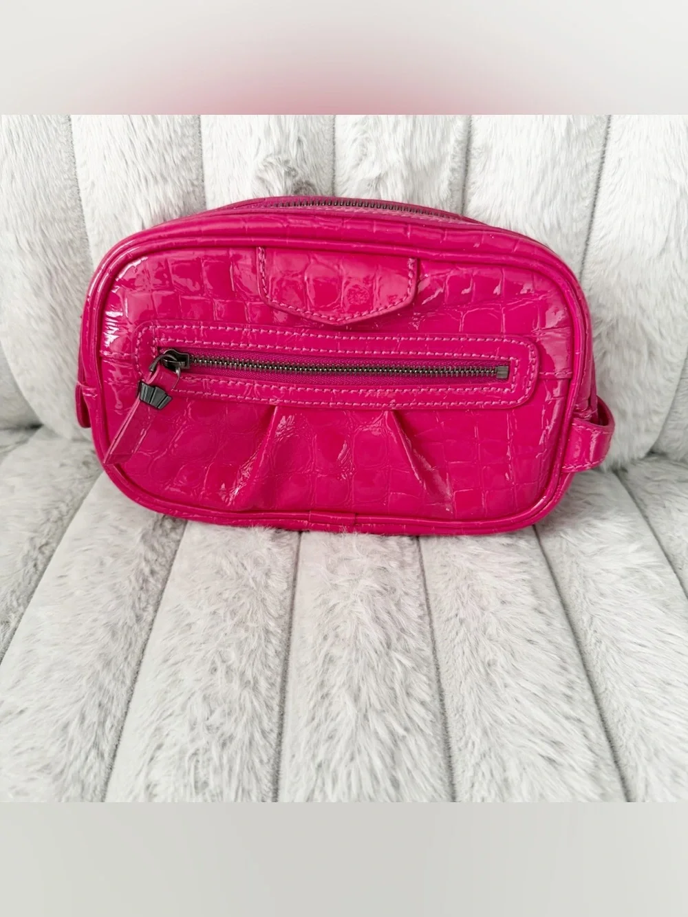 Henri Bendel faux alligator leather pink cosmetic bag